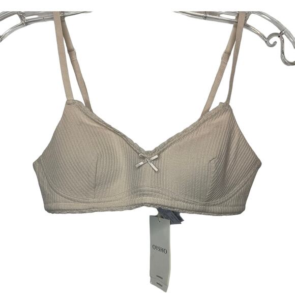 Oysho Bra Bandeau 32B Nude Beige Ribbed Cotton Blend Wireless Comfort Womens NWT - Picture 2 of 6